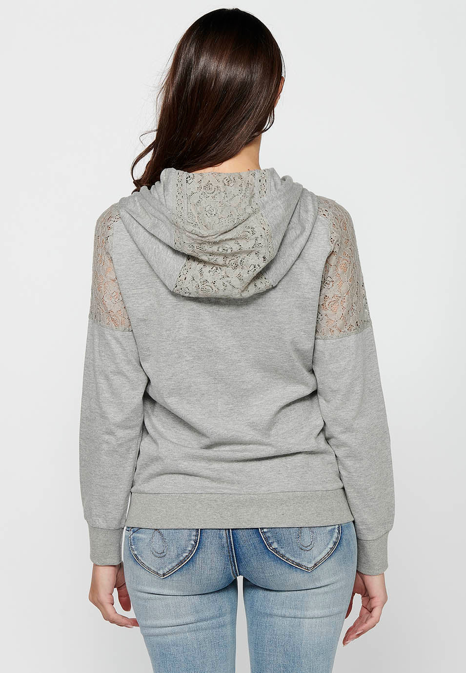 Sudadera chaqueta de mujer con capucha y blonda – Koroshi Gris