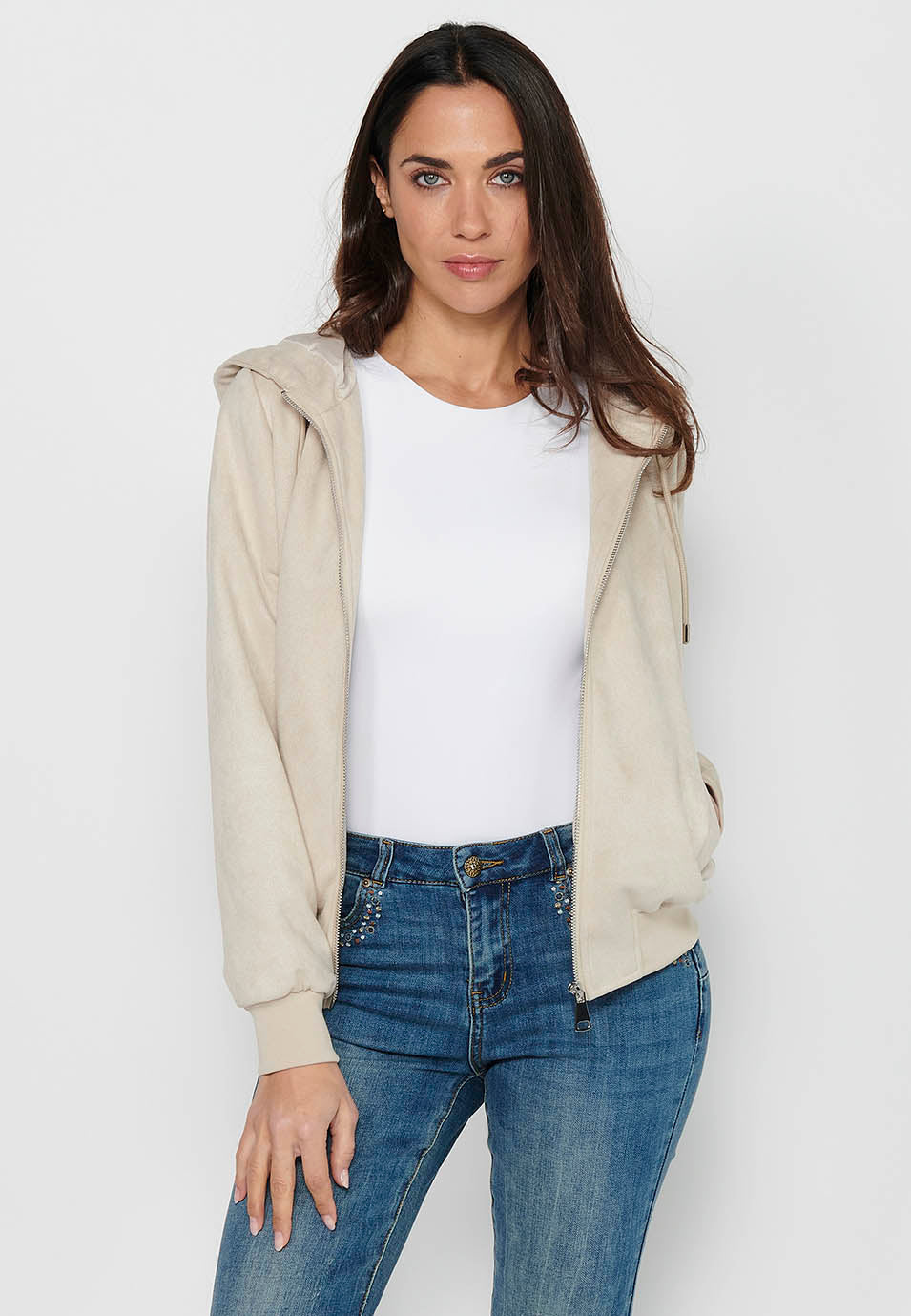 Sudadera chaqueta de mujer con capucha efecto antelina – Koroshi Crudo