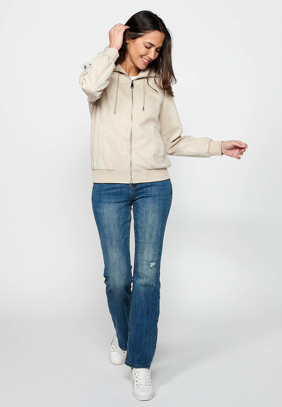 Sudadera chaqueta de mujer con capucha efecto antelina – Koroshi Crudo