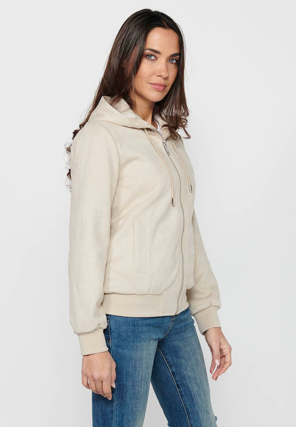 Sudadera chaqueta de mujer con capucha efecto antelina – Koroshi Crudo