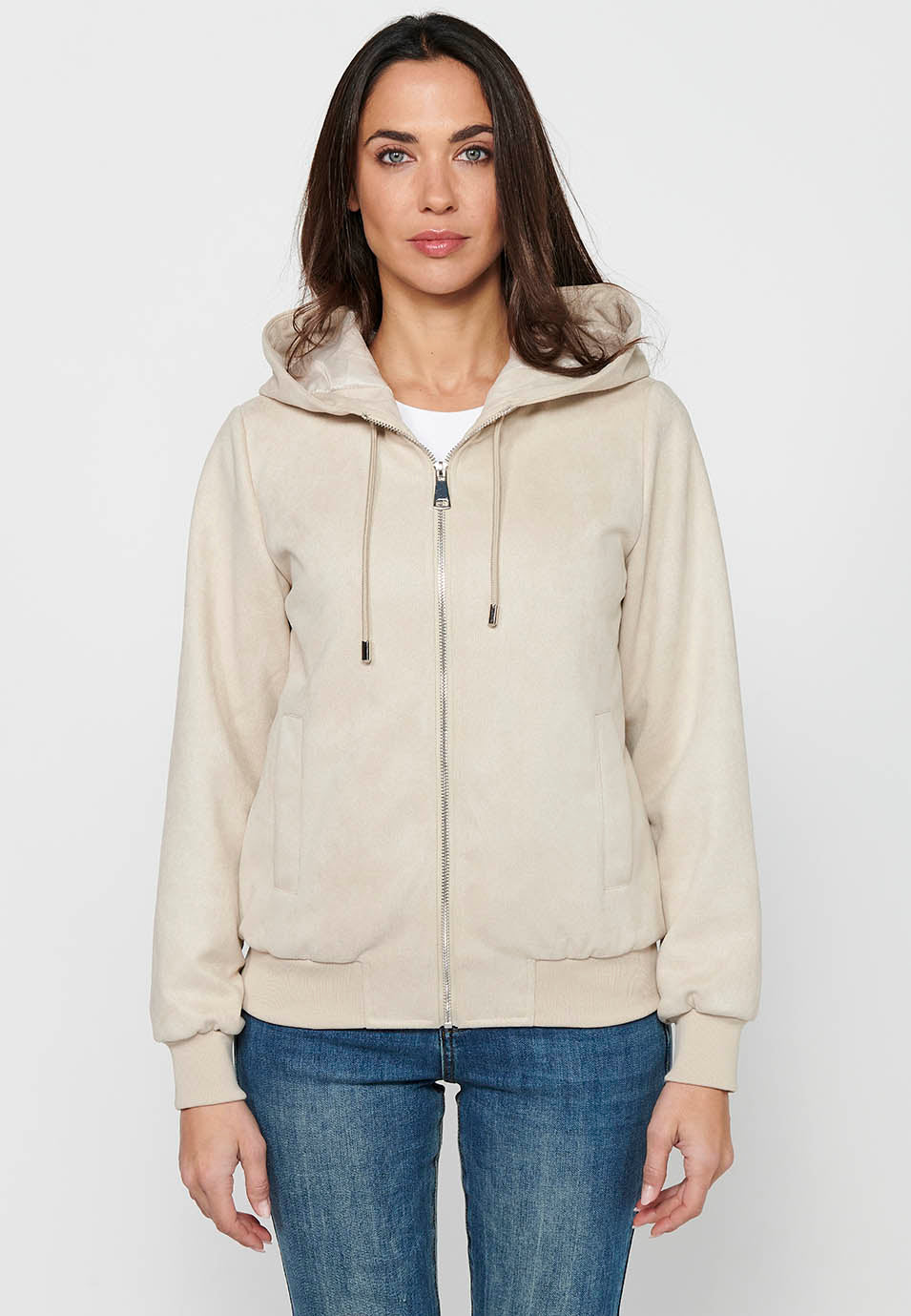 Sudadera chaqueta de mujer con capucha efecto antelina – Koroshi Crudo