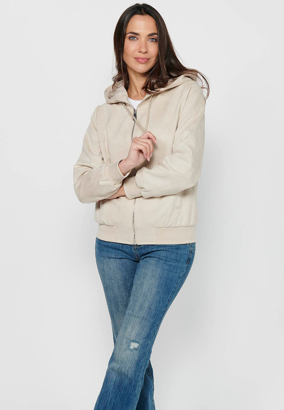 Sudadera chaqueta de mujer con capucha efecto antelina – Koroshi Crudo
