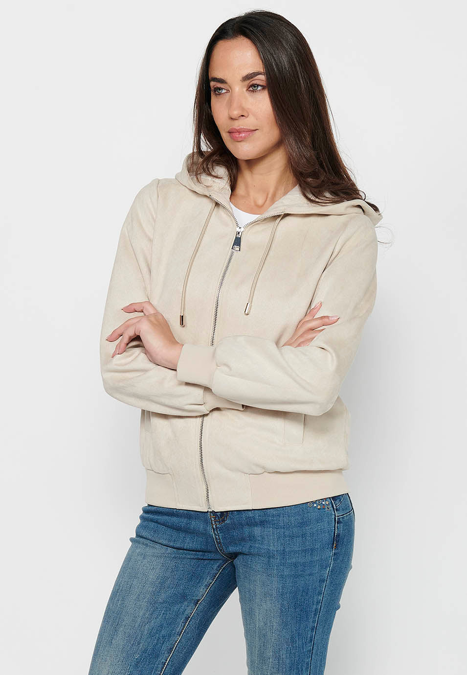 Sudadera chaqueta de mujer con capucha efecto antelina – Koroshi Crudo