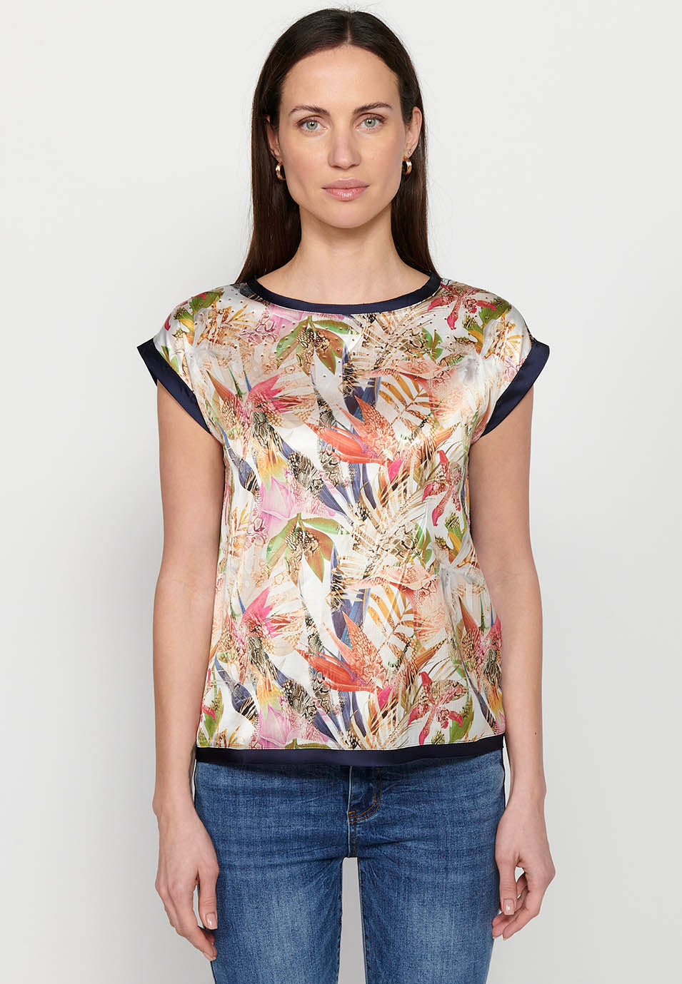 Camiseta de manga corta, estampado delantero tropical multicolor para mujer | moda actual