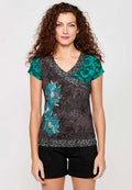 Camiseta de manga corta de algodón con cuello pico y estampado floral de menta para mujer | moda actual