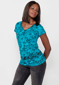 Camiseta larga de algodón de manga corta con detalle en la cintura y estampado floral con cuello pico de menta para mujer | moda actual