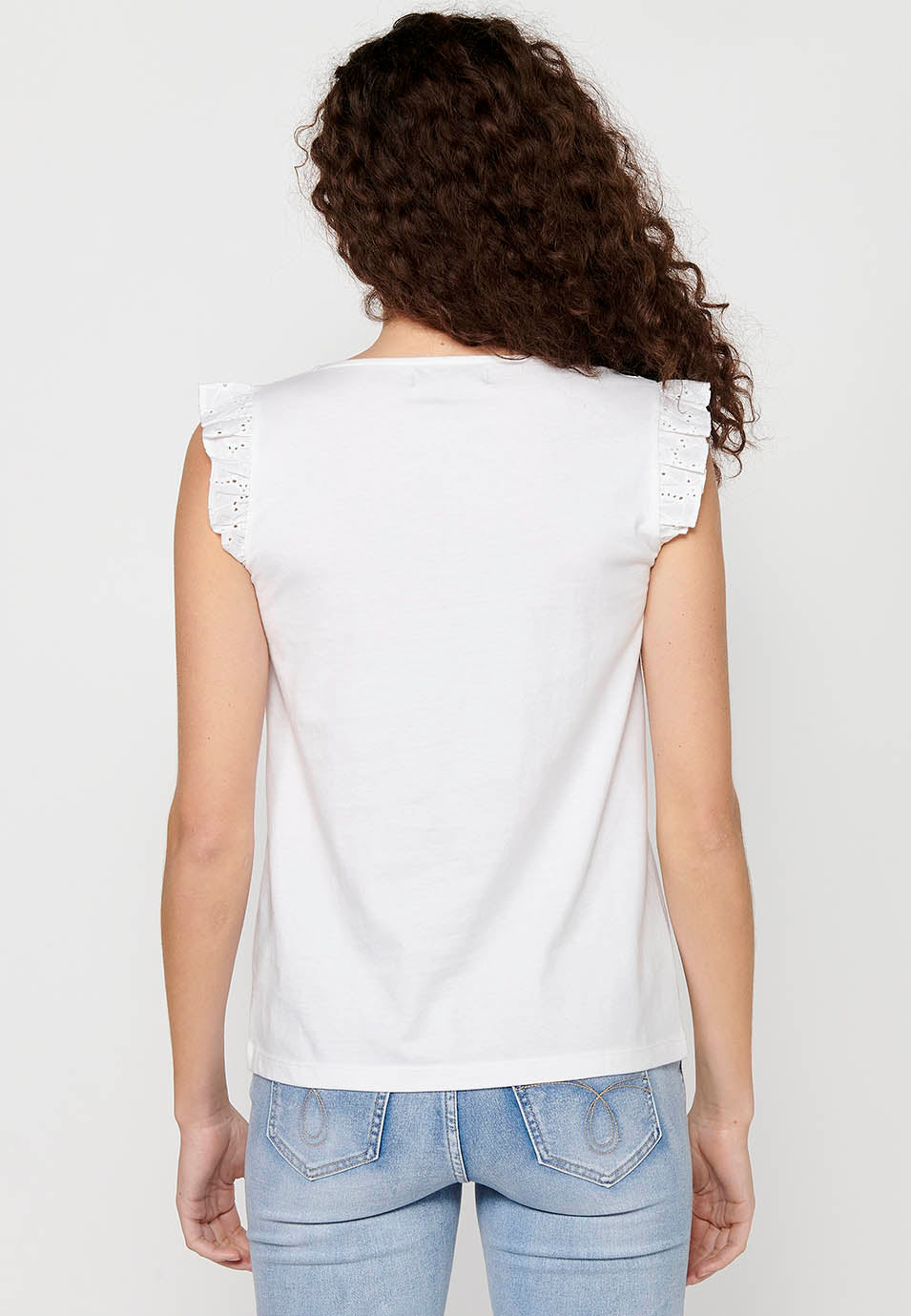 Camiseta de manga corta de cuello redondo con volante en los hombros para mujer | moda actual