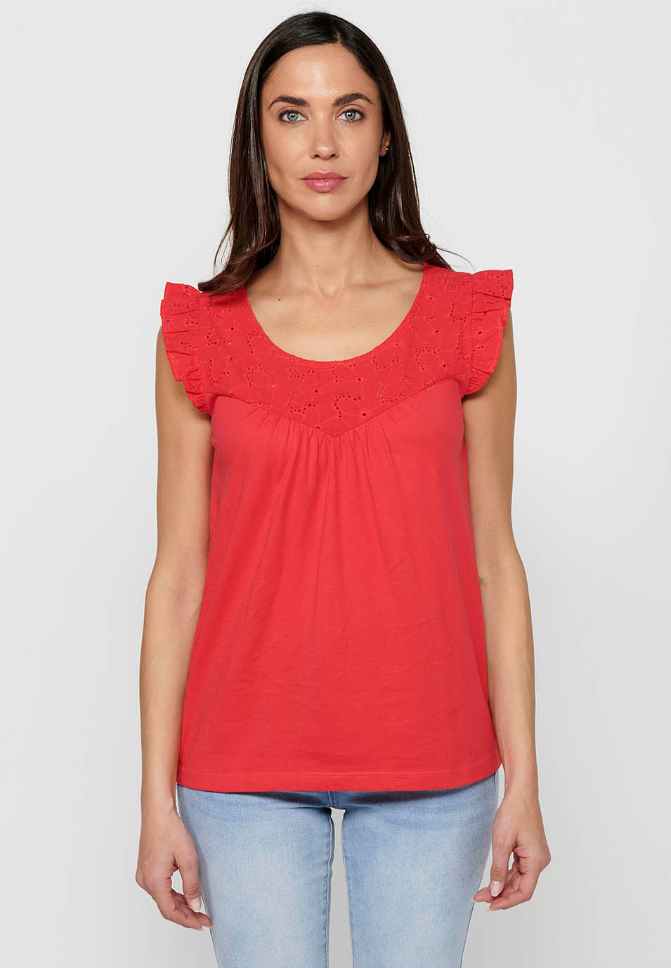 Camiseta de manga corta de cuello redondo con volante en los hombros para mujer | moda actual