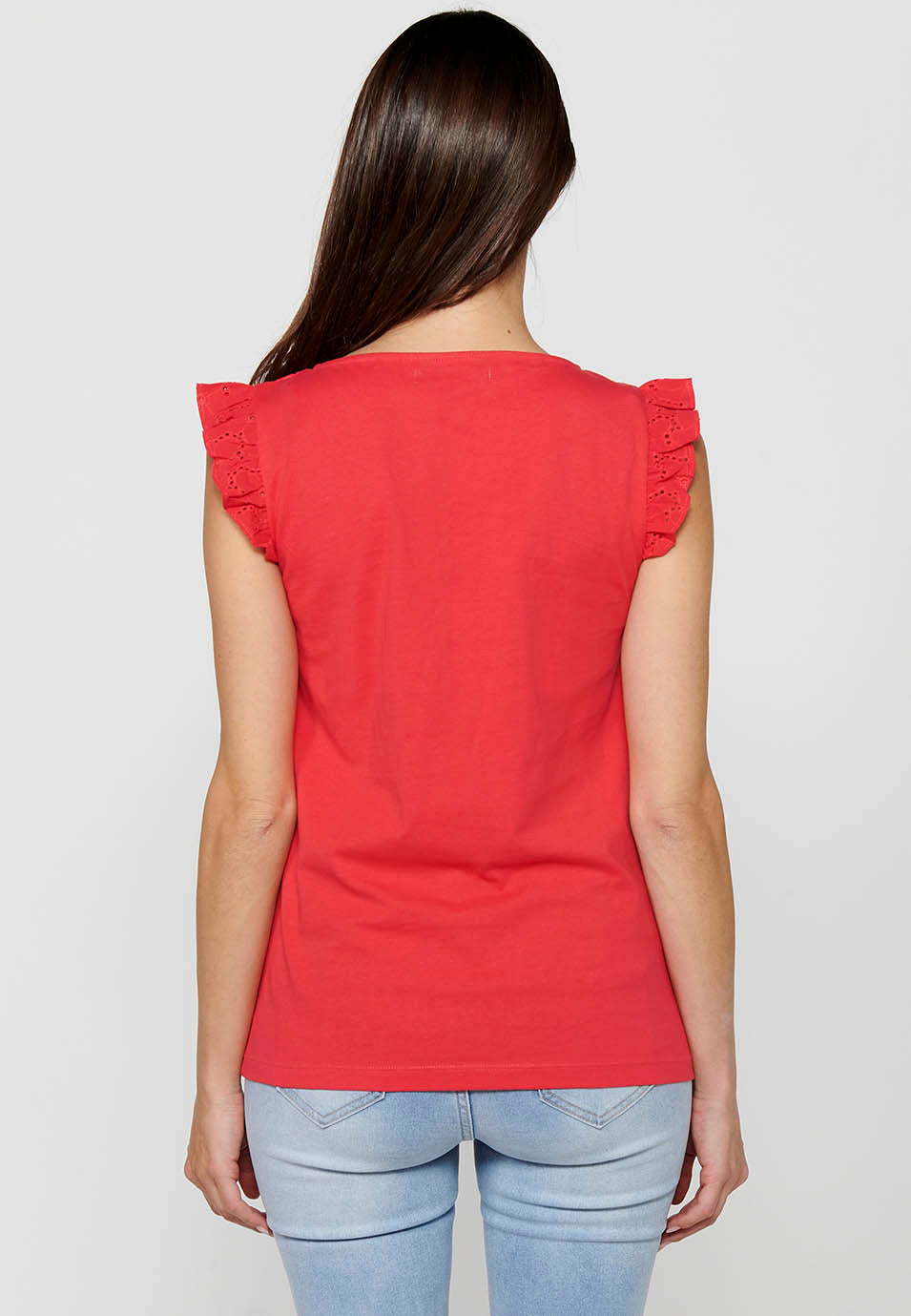 Camiseta de manga corta de cuello redondo con volante en los hombros para mujer | moda actual