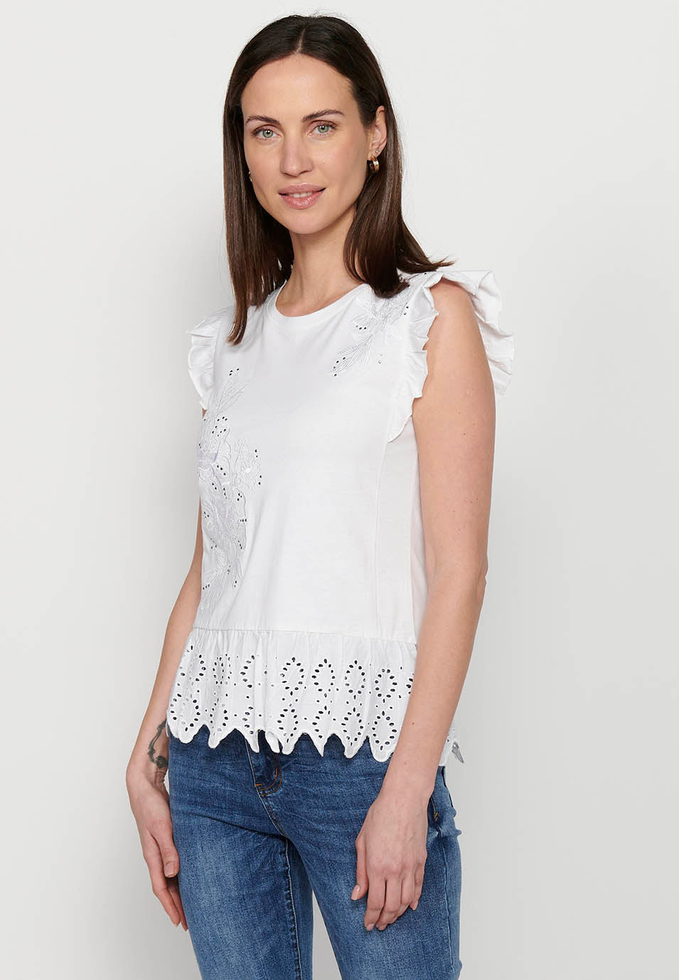 Top de manga corta bordada, para mujer | moda actual