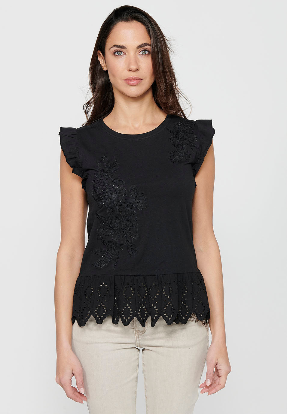 Top de manga corta bordada, para mujer | moda actual