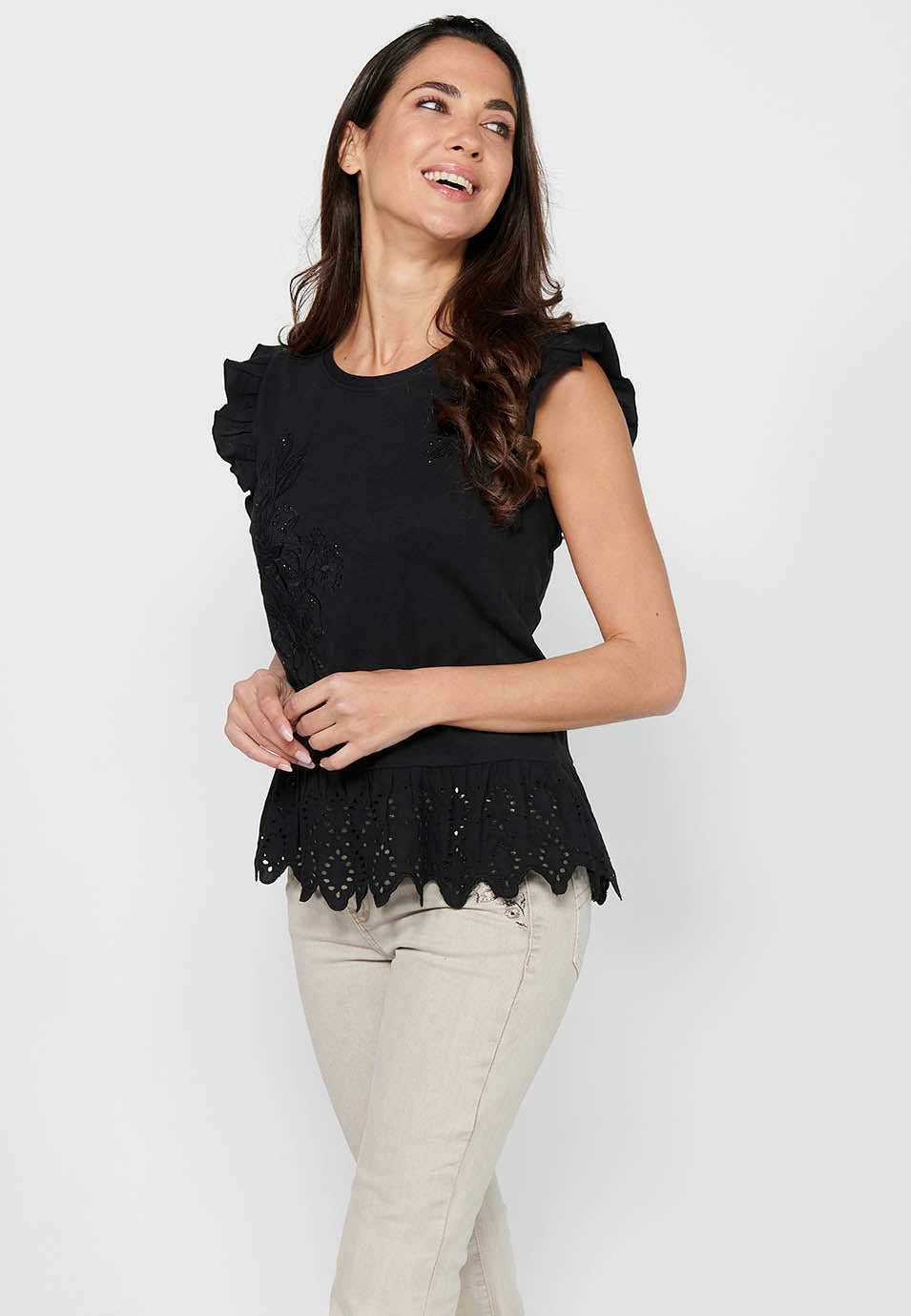 Top de manga corta bordada, para mujer | moda actual