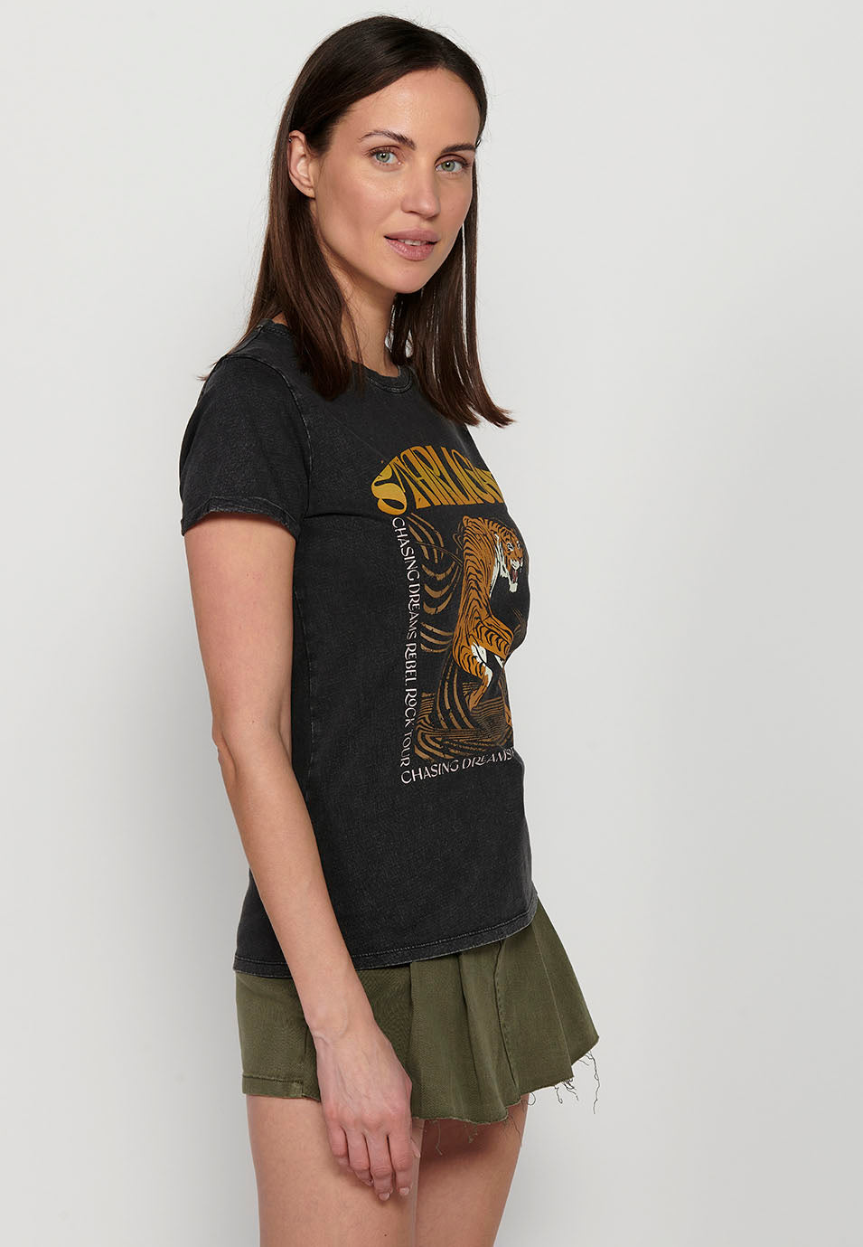 Camiseta de manga corta con estampado delantero, para mujer | moda actual