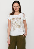 Camiseta de manga corta con detalle de blonda y estampado delantero, para mujer | moda actual