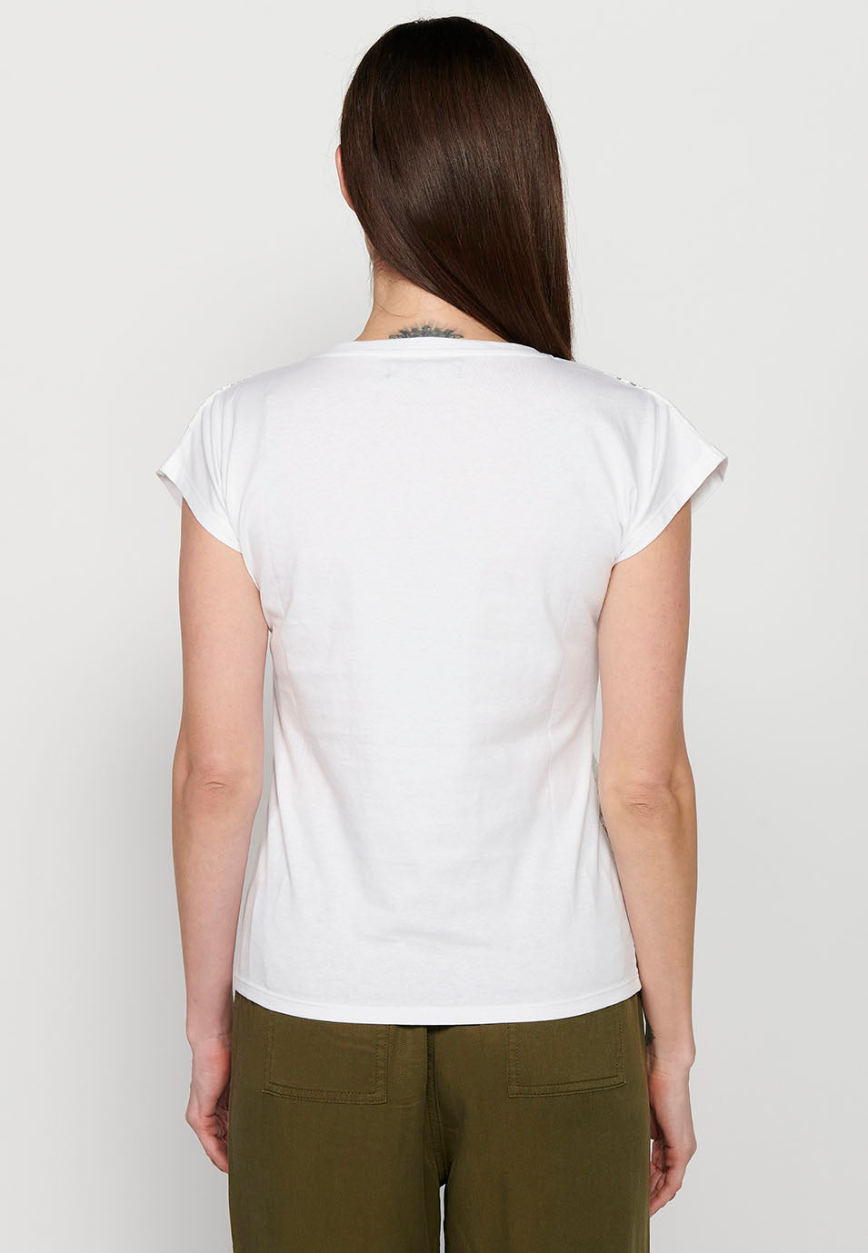 Camiseta de manga corta con detalle de blonda y estampado delantero, para mujer | moda actual