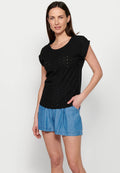 Camiseta de manga corta bordado, escote redondo, aguamarina para mujer | moda actual