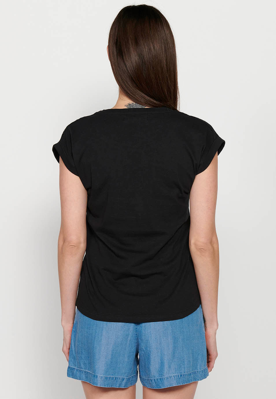 Camiseta de manga corta bordado, escote redondo, aguamarina para mujer | moda actual