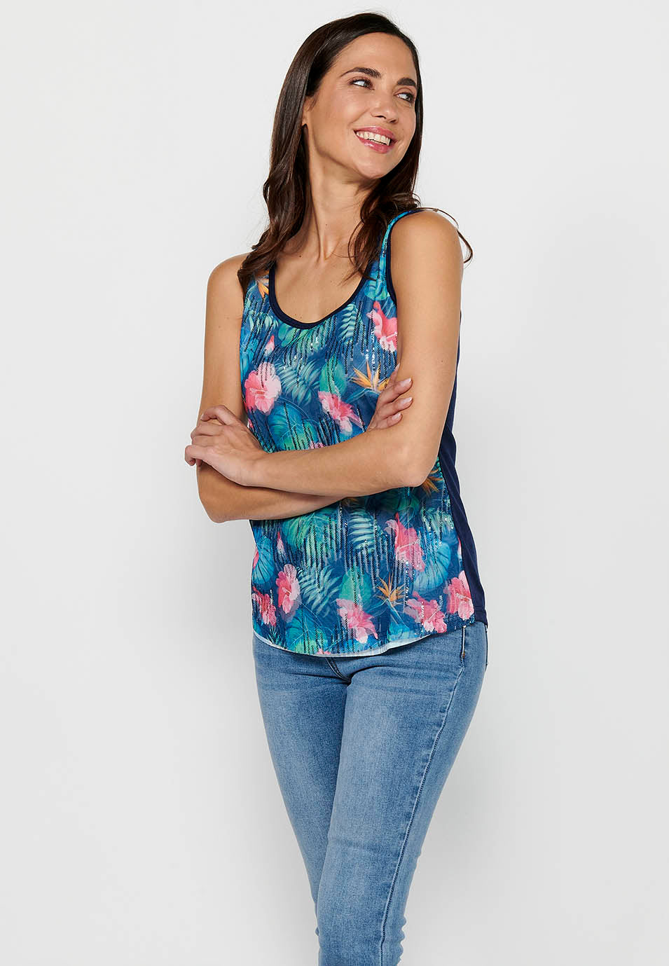 Camiseta de tirantes con escote redondo y estampado floral y lentejuelas delantero para mujer | moda actual