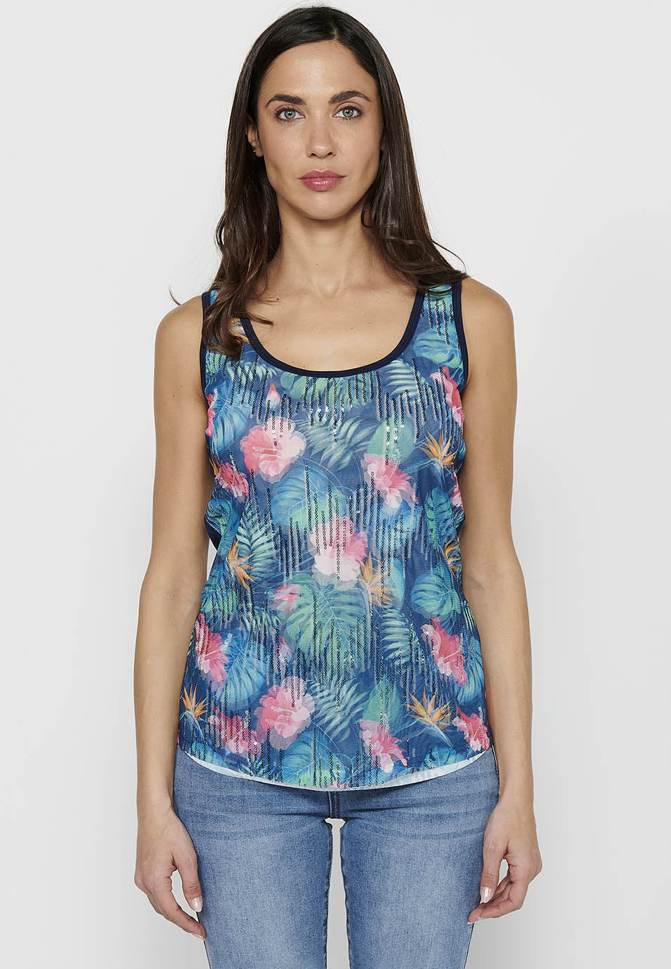 Camiseta de tirantes con escote redondo y estampado floral y lentejuelas delantero para mujer | moda actual