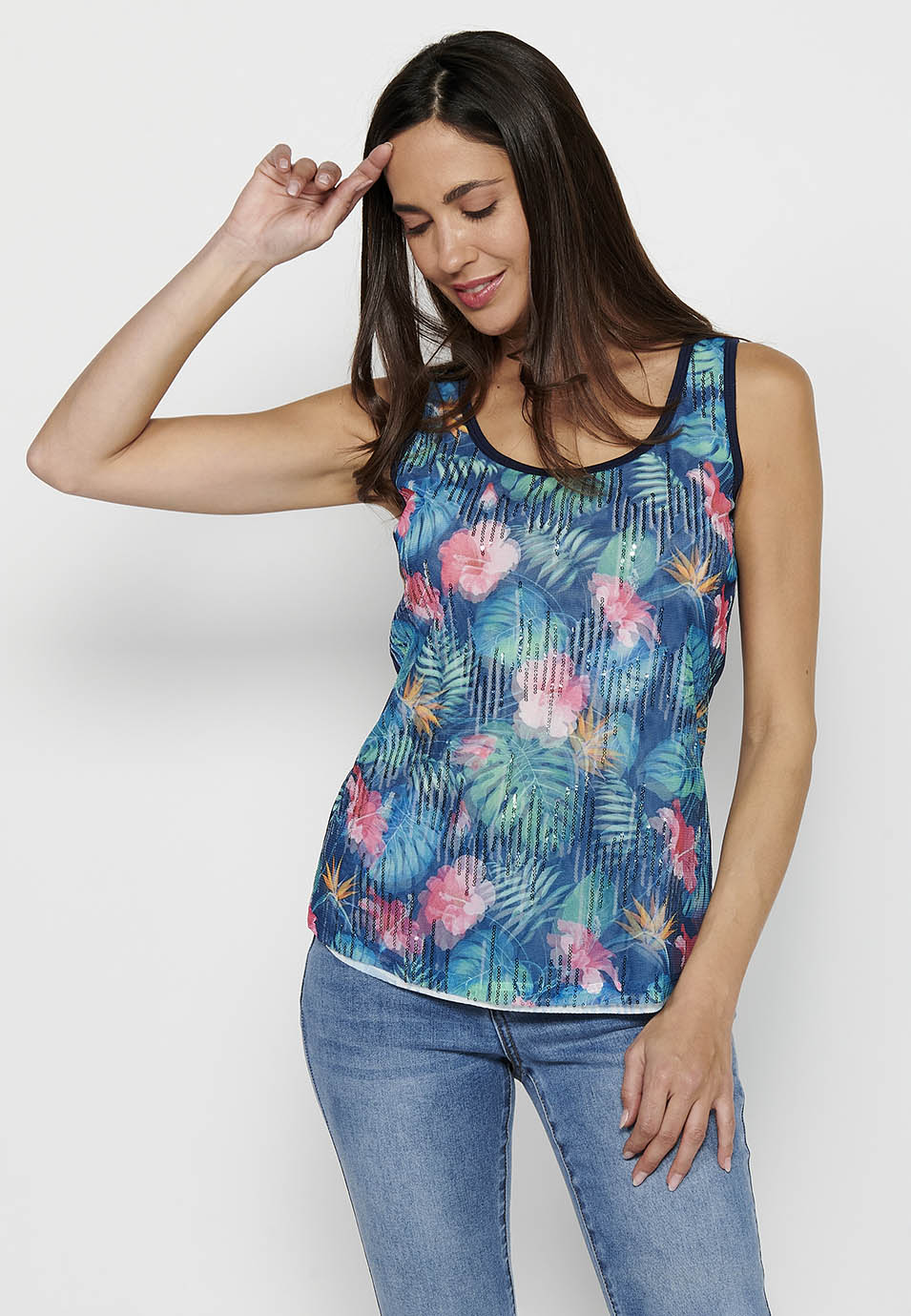 Camiseta de tirantes con escote redondo y estampado floral y lentejuelas delantero para mujer | moda actual