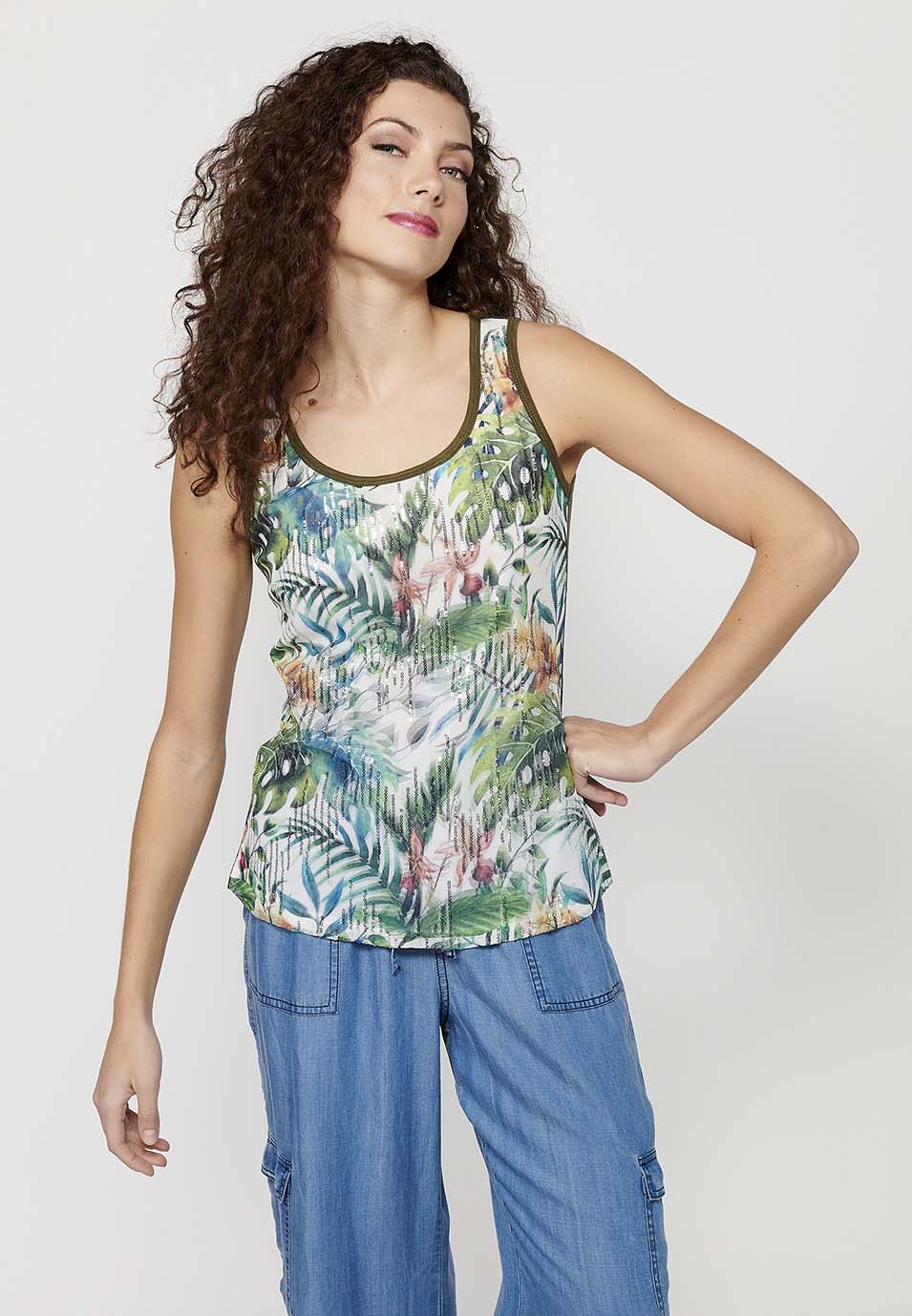 Camiseta de tirantes con escote redondo y estampado floral y lentejuelas delantero para mujer | moda actual