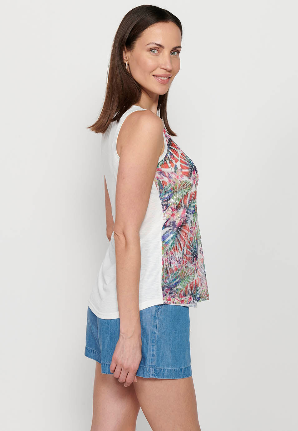 Camiseta de tirantes, escote redondo, estampado floral y lentejuelas, multicolor para mujer | moda actual