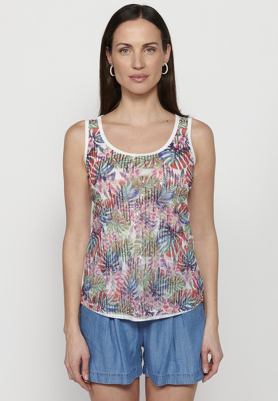 Camiseta de tirantes, escote redondo, estampado floral y lentejuelas, multicolor para mujer | moda actual