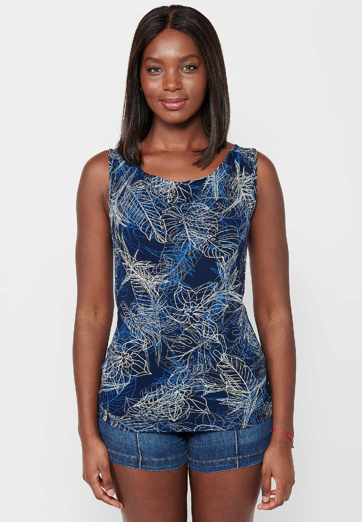 Camiseta sin mangas de cuello barca y estampado floral para mujer | moda actual