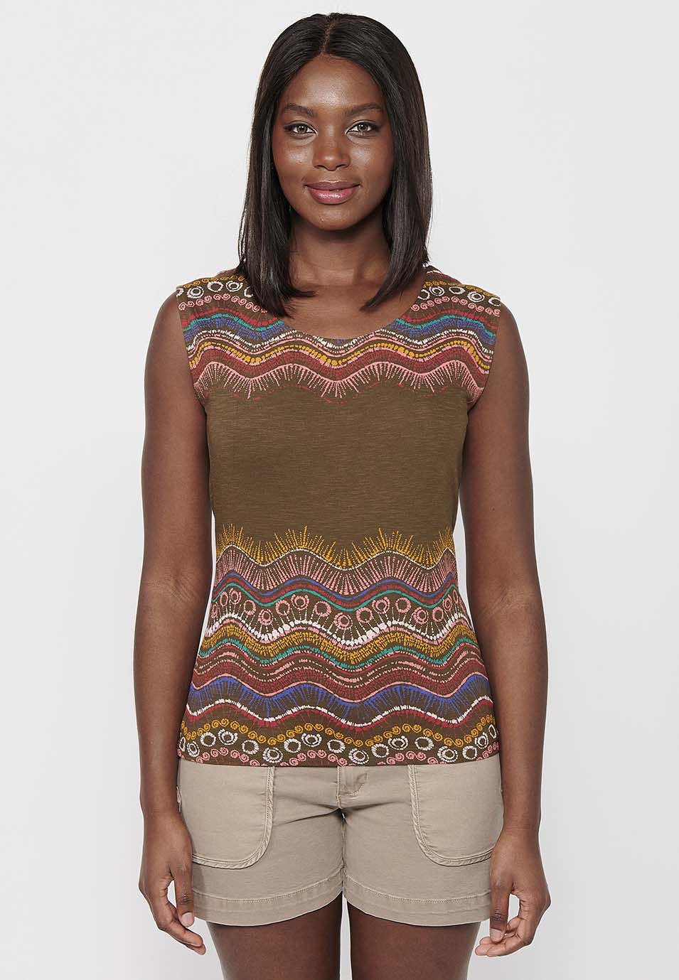 Camiseta de algodón de manga corta con escote redondo con estampado étnico para mujer | moda actual