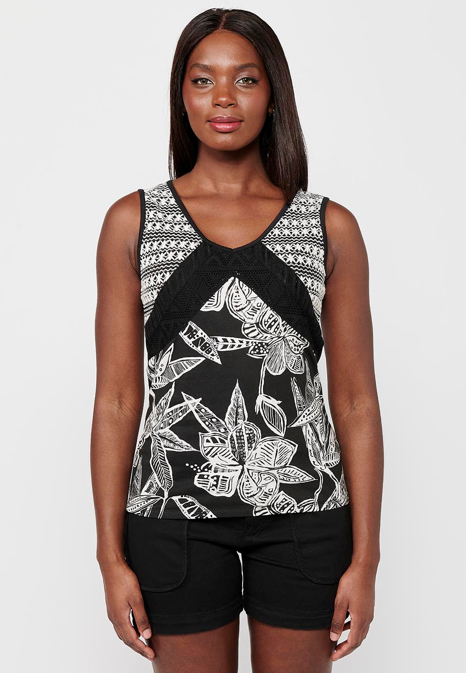Camiseta de tirantes de algodón con detalles delanteros y estampado floral para mujer | moda actual