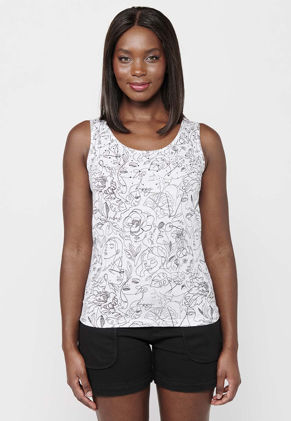 Camiseta sin mangas de algodón con escote redondo con estampado floral para mujer | moda actual