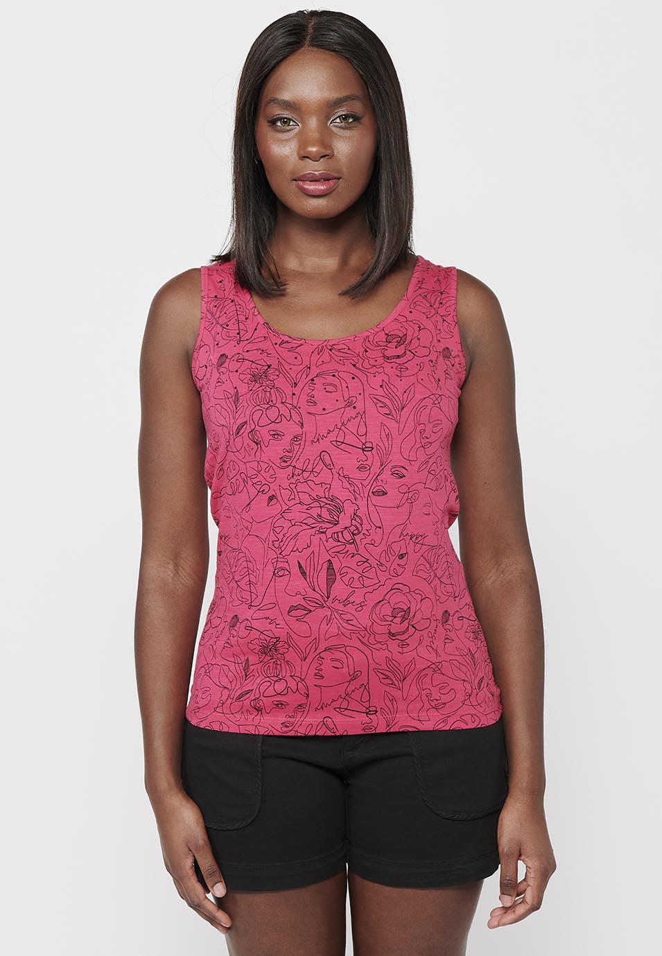 Camiseta sin mangas de algodón con escote redondo con estampado floral para mujer | moda actual