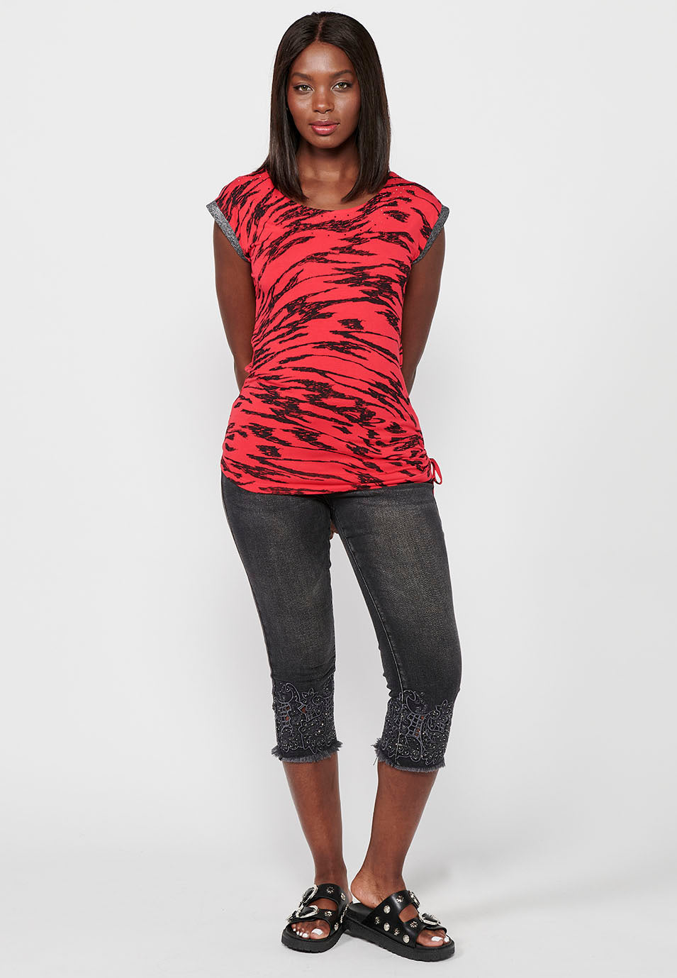 Camiseta sin mangas estampada, cuello redondo, para mujer | moda actual