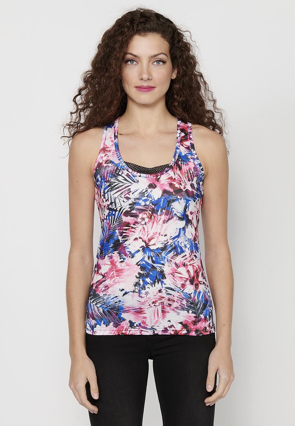 Camiseta de tirantes con escote redondo y detalle de rejilla en la espalda y estampado floral de multicolor para mujer | moda actual