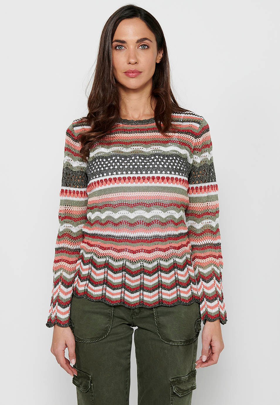 Jersey punto tricot calado rayas mujer
