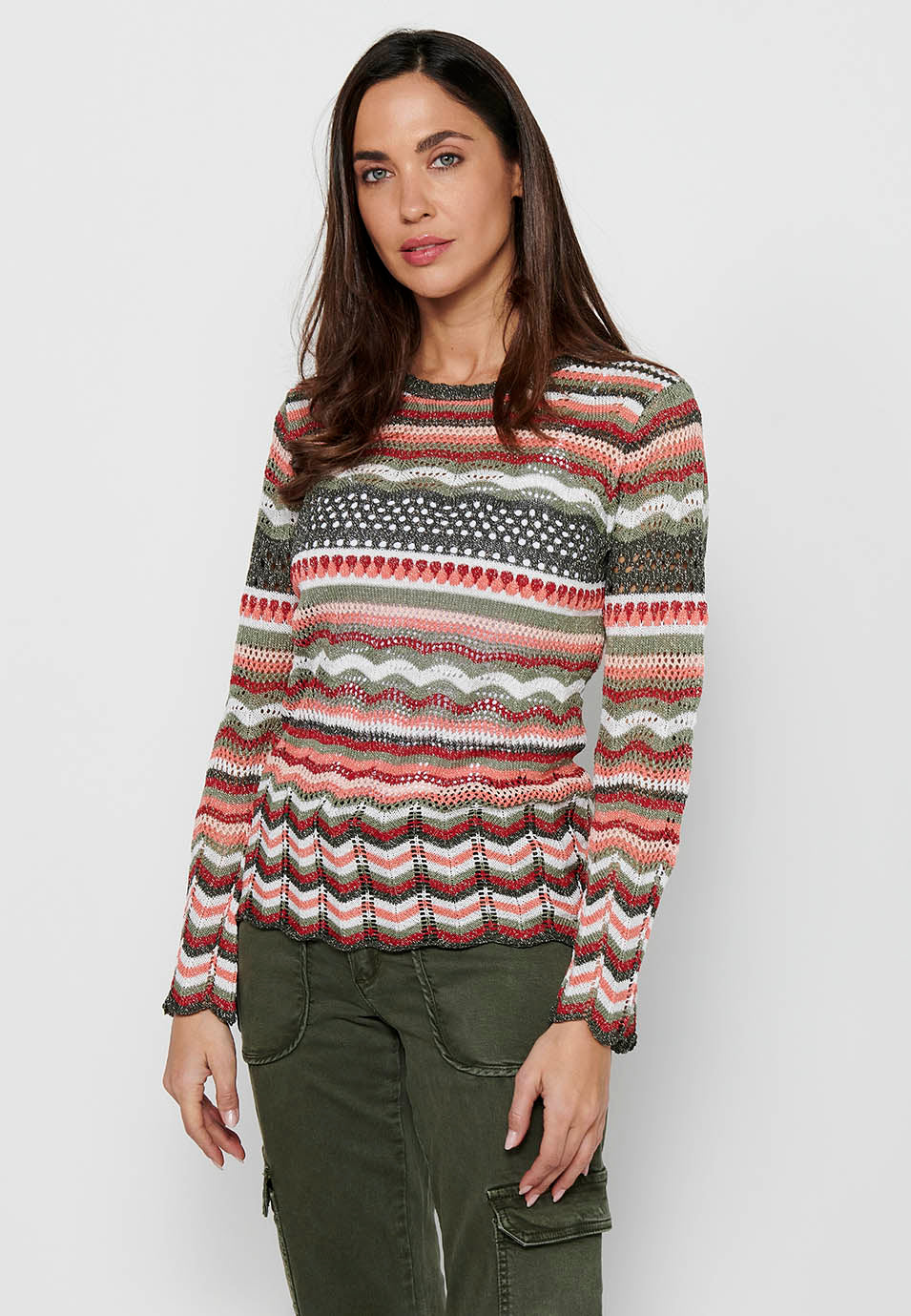 Jersey punto tricot calado rayas mujer