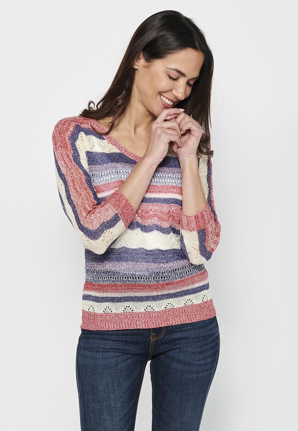 Jersey punto tricot manga media cuello pico mujer