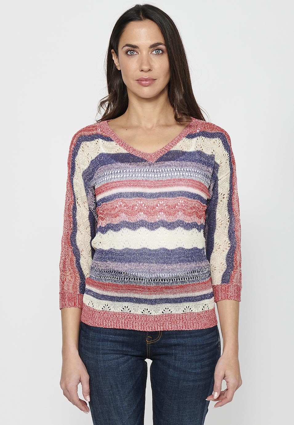 Jersey punto tricot manga media cuello pico mujer