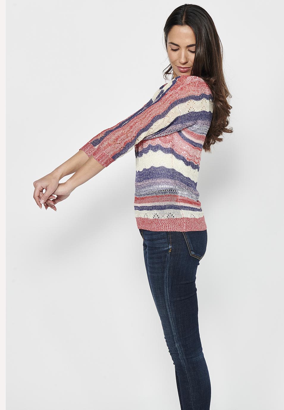 Jersey punto tricot manga media cuello pico mujer