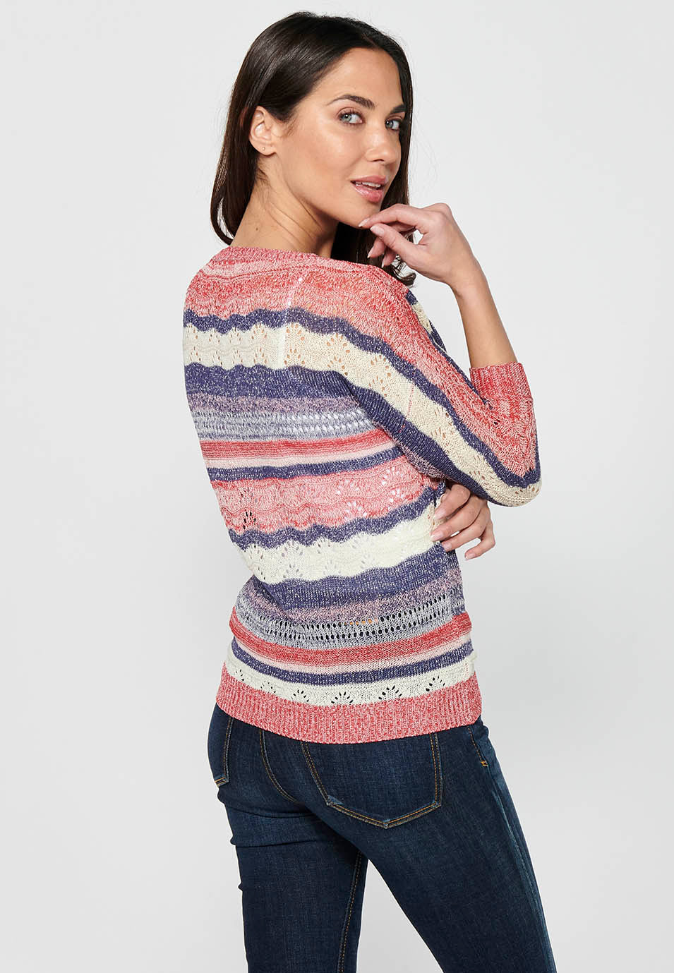 Jersey punto tricot manga media cuello pico mujer