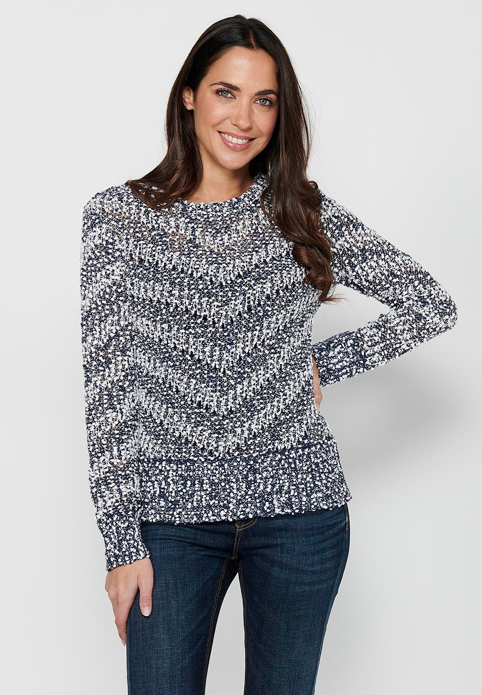 Jersey de manga larga con cuello redondo. tricot a rayas para mujer | moda actual