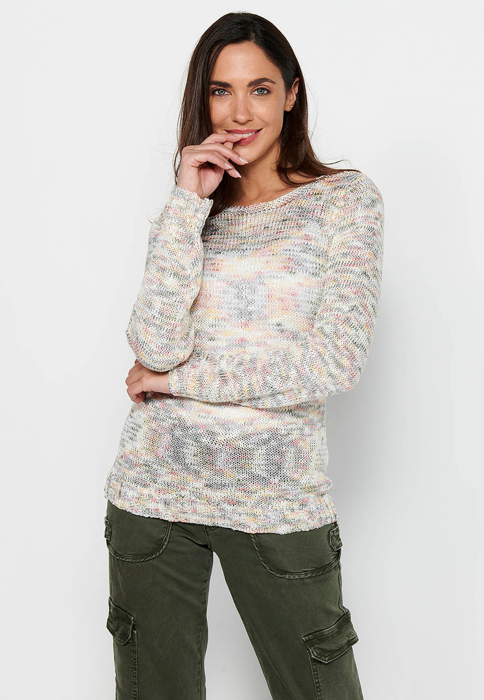 Jersey de manga larga con cuello redondo. tricot jaspeado de multicolor para mujer | moda actual