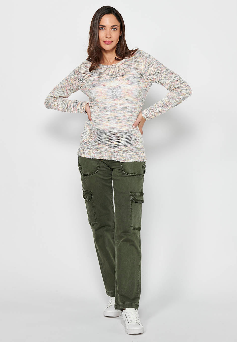 Jersey de manga larga con cuello redondo. tricot jaspeado de multicolor para mujer | moda actual