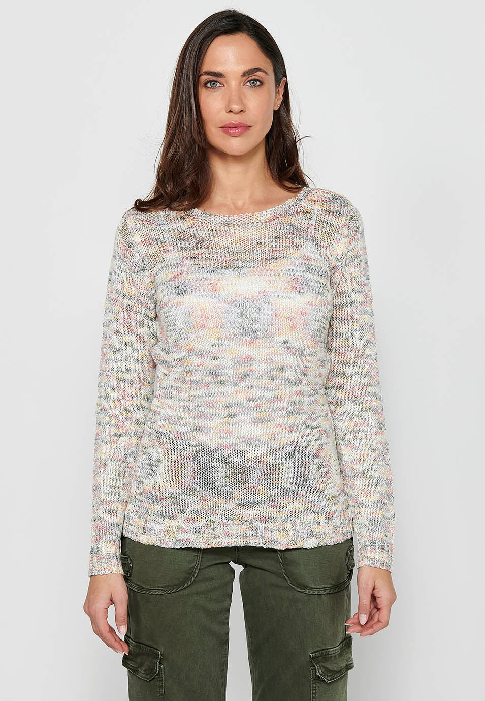 Jersey de manga larga con cuello redondo. tricot jaspeado de multicolor para mujer | moda actual