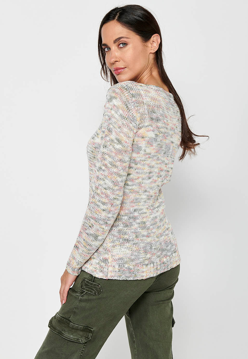 Jersey de manga larga con cuello redondo. tricot jaspeado de multicolor para mujer | moda actual