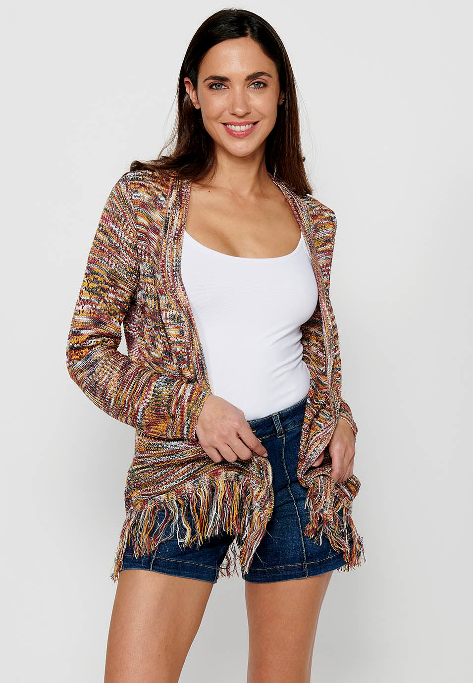 Chaqueta de punto de manga larga. tricot jaspeado de multicolor para mujer | moda actual