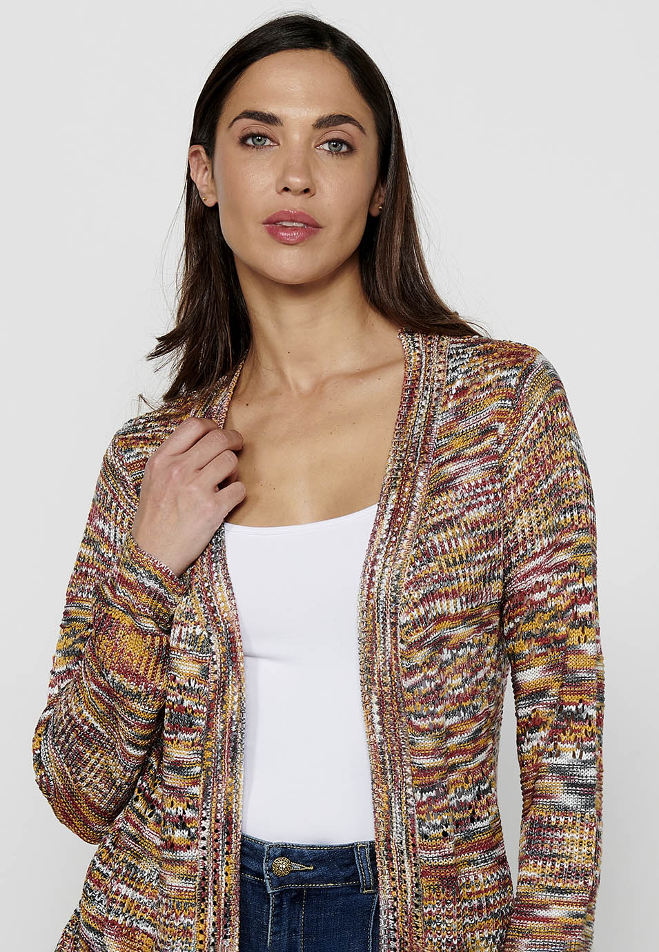 Chaqueta de punto de manga larga. tricot jaspeado de multicolor para mujer | moda actual