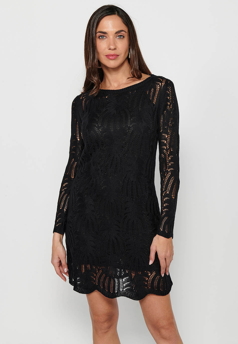 Vestido tricot con forro de manga larga acampanada con cuello redondo para mujer | moda actual