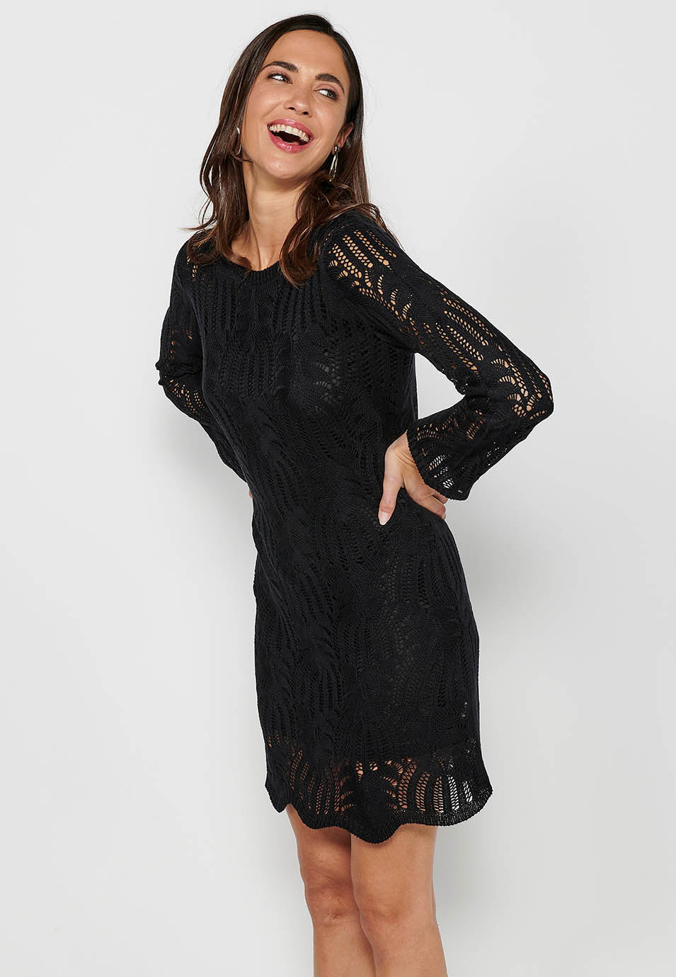 Vestido tricot con forro de manga larga acampanada con cuello redondo para mujer | moda actual