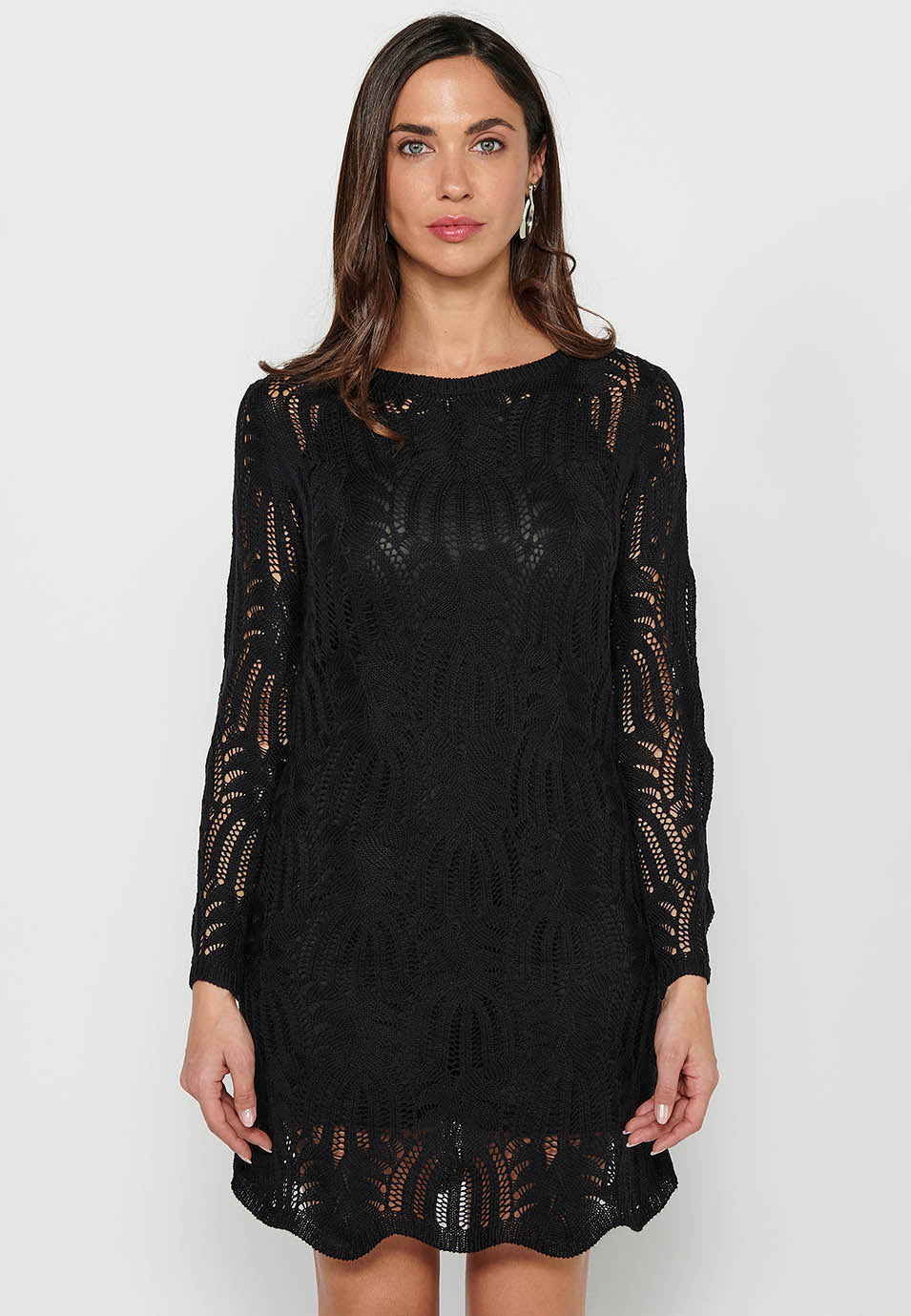 Vestido tricot con forro de manga larga acampanada con cuello redondo para mujer | moda actual
